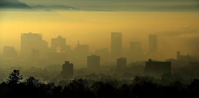 (Steve Griffin  |  The Salt Lake Tribune) The Salt Lake City skyline is obscured by dense fog as an inversion settles over the valley Tuesday December 26, 2017.