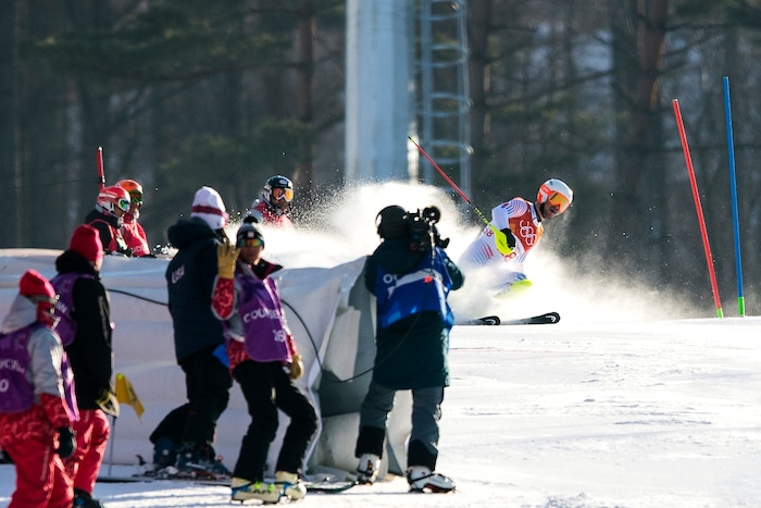(Chris Detrick  |  The Salt Lake Tribune)  USA's Jared Goldberg loses control while competing in the Men's Alpine Combined at Jeongseon Alpine Centre during the Pyeongchang 2018 Winter Olympics Tuesday, February 13, 2018.  Goldberg finished in 36th place with a time of 2:22.88.