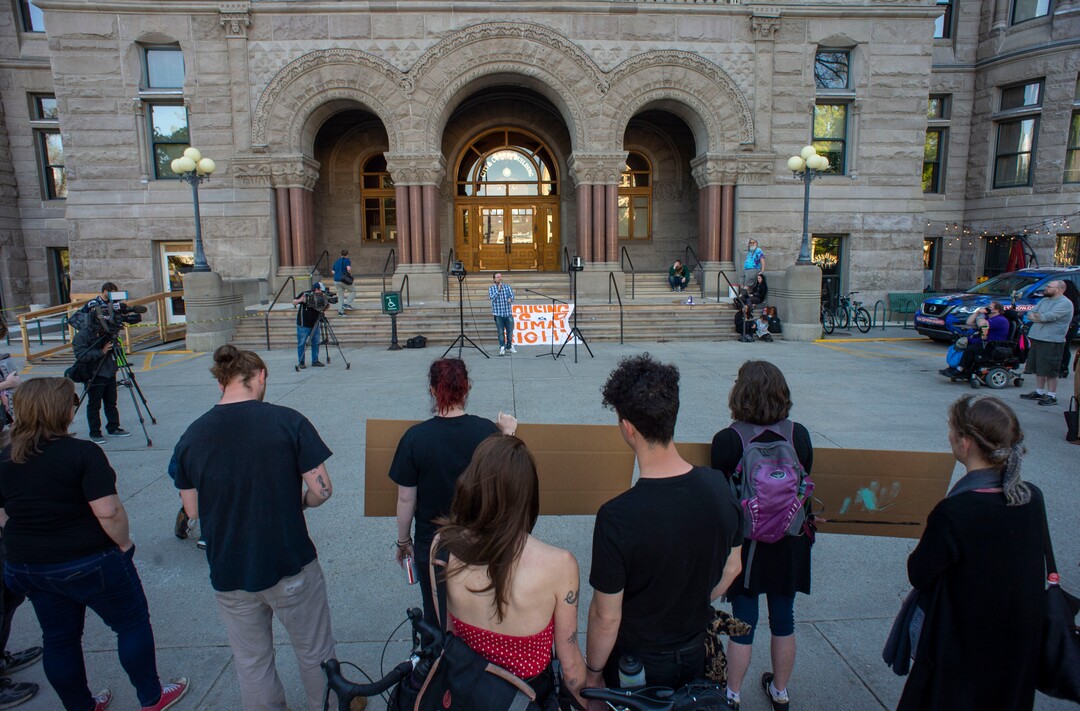 (Rick Egan  |  The Salt Lake Tribune)       Homeless people gather outside the City County building for a demonstration before the city council meeting, Tuesday, April 23, 2019.