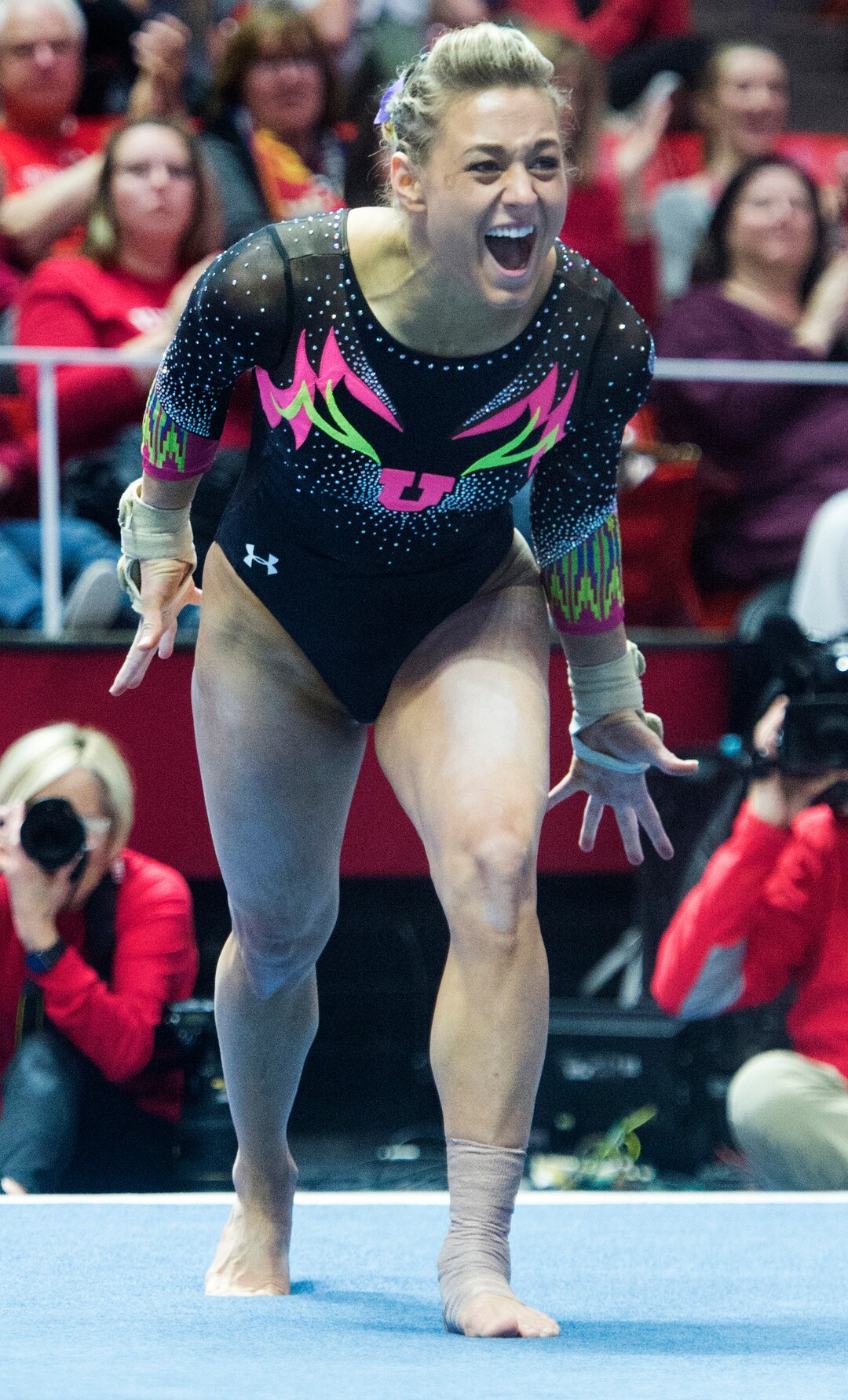 (Rick Egan  |  The Salt Lake Tribune)   Tiffani Lewis reacts after her floor routine for Utah, in Gymnastics action Utah vs. Oregon State at the Jon M. Huntsman Center, Friday, January 19, 2018.
