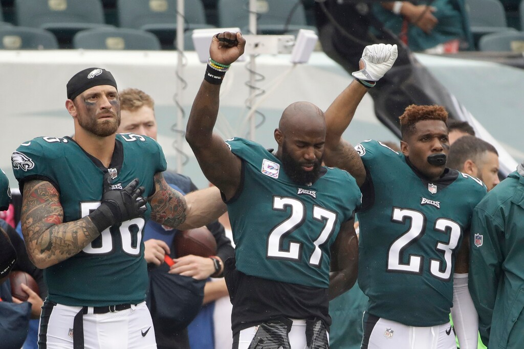 (AP Photo/Matt Rourke, File) In this Oct. 8, 2017, file photo, Philadelphia Eagles' Chris Long (56), Malcolm Jenkins (27) and Rodney McLeod (23) gesture during the National Anthem before an NFL football game against the Arizona Cardinals, in Philadelphia.