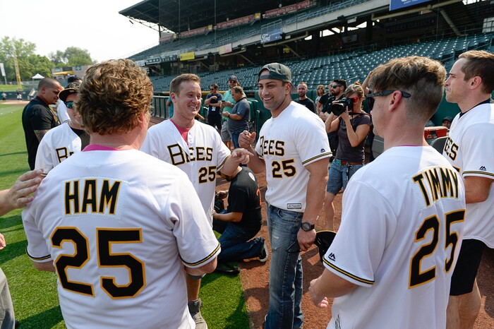 (Francisco Kjolseth  |  The Salt Lake Tribune)  Members of the cast from the movie "The Sandlot" joke around with one another as the Salt Lake Bees celebrate the 25th anniversary of the Utah-filmed movie at the Smith's Ballpark on Friday, Aug. 10, 2018.