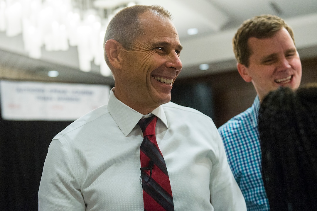 (Chris Detrick  |  The Salt Lake Tribune)  Provo Mayor John Curtis talks with supporters during his election night party at the Provo Marriott Hotel & Conference Center Tuesday, August 15, 2017. 