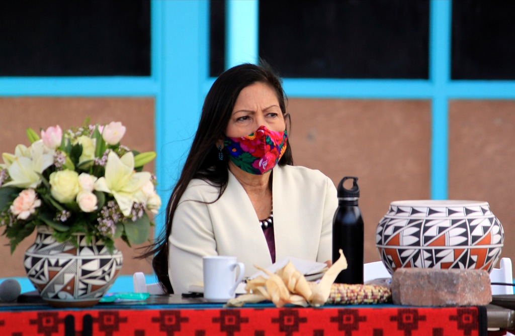 (Susan Montoya Bryan | AP) U.S. Interior Secretary Deb Haaland listens to tribal leaders during a round-table discussion at the Indian Pueblo Cultural Center in Albuquerque, N.M., on Tuesday, April 6, 2021. The visit marked Haaland's first to her home state after being confirmed as head of the federal agency, making her the first Native American to hold a Cabinet position.