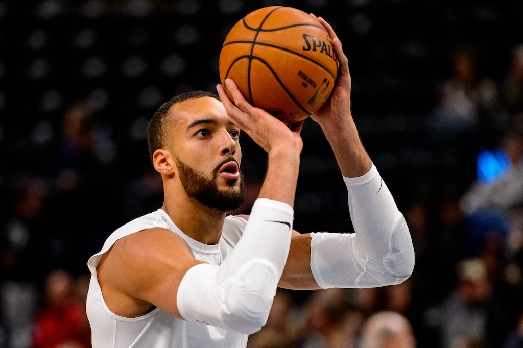(Trent Nelson  |  The Salt Lake Tribune) Utah Jazz center Rudy Gobert (27) warms up as the Utah Jazz host the Portland Trail Blazers, NBA basketball in Salt Lake City on Thursday, Dec. 26, 2019.