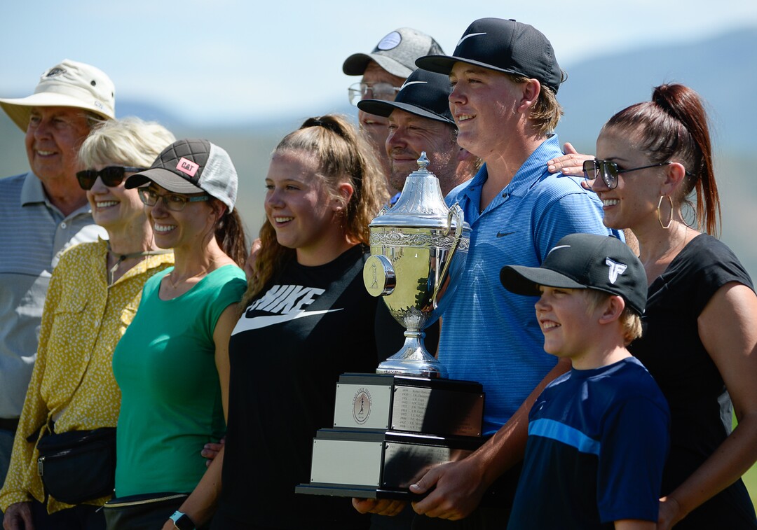 (Francisco Kjolseth  |  The Salt Lake Tribune)  Surrounded by family, Preston Summerhays, 16, repeats as State Amateur golf champion at Soldier Hollow Golf Course on Saturday, July 13, 2019, beating Chase Lansford 7 and 6 in the final championship match.