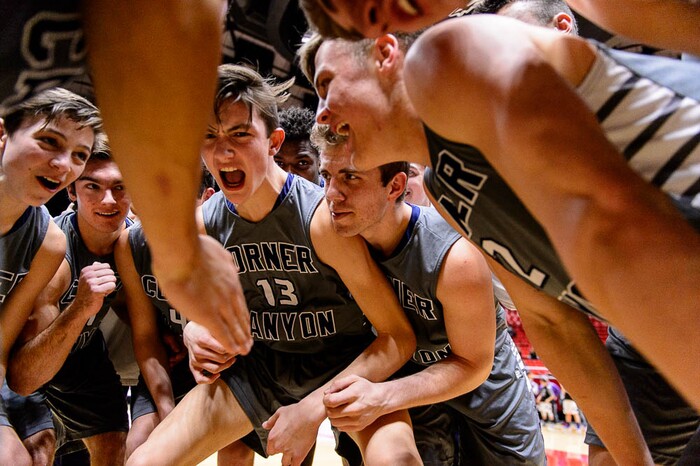 (Trent Nelson | The Salt Lake Tribune)  Box Elder vs. Corner Canyon, 5A State high school basketball tournament at the Huntsman Center in Salt Lake City, Wednesday Feb. 28, 2018. Corner Canyon's Hayden Welling (13) in the pre-game huddle.