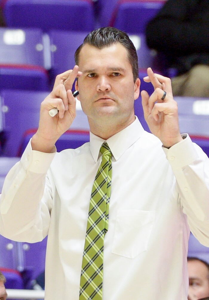 (Leah Hogsten  |  The Salt Lake Tribune) Copper Hills' head coach Andrew Blanchard. Copper Hills defeated Bingham 61-54 in the 6A High School Boys' Basketball Tournament opening game at Weber State University’s Dee Events Center in Ogden, Tuesday, Feb. 27, 2018. 