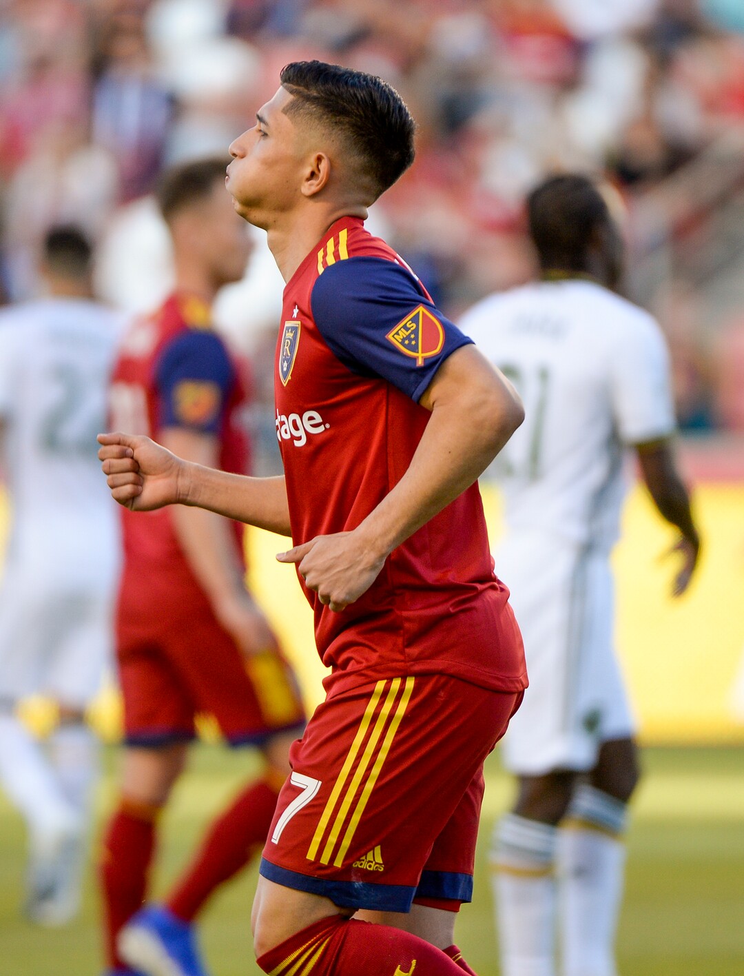 Leah Hogsten  |  The Salt Lake Tribune Real Salt Lake forward Jefferson Savarino (7) is frustrated by a missed opportunity to score.  Real Salt Lake hosts the Portland Timbers, Saturday, May 4, 2019 at Rio Tinto Stadium in Salt Lake City.
