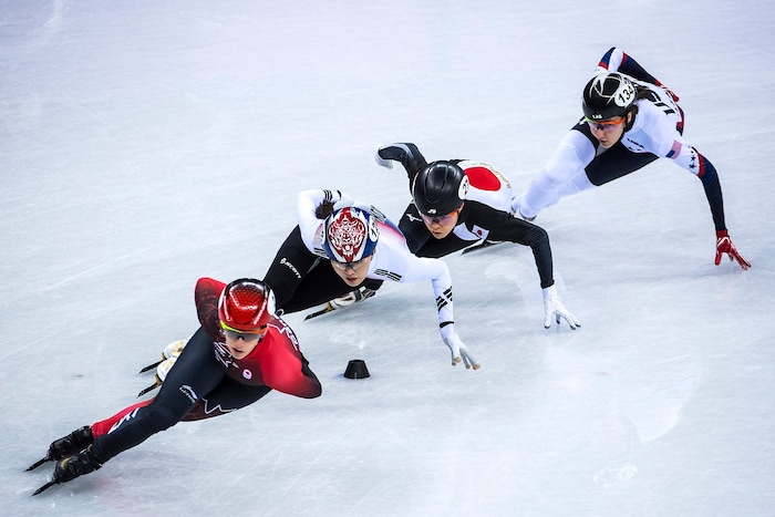 (Chris Detrick  |  The Salt Lake Tribune)  Marianne St Gelais of Canada Alang Kim of Korea Sumire Kikuchi of Japan and Lana Gehring of the United States during the Ladies' 1000m Short Track Speed Skating at Gangneung Ice Arena Pyeongchang 2018 Winter Olympics Tuesday, Feb. 20, 2018. 