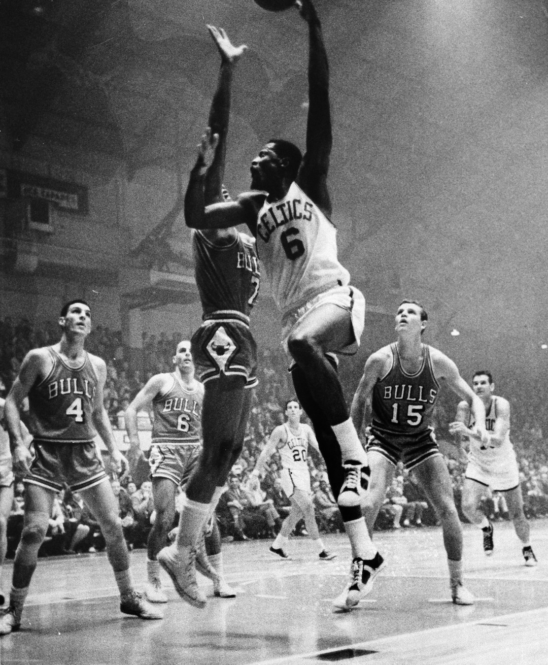 (J.D. Lamontagne  |  AP Photo )Player-coach Bill Russell (6) of the Boston Celtics sinks a hook shot against the Chicago Bulls at the Auditorium in Providence, R.I., Oct. 27, 1966. Jerry Sloan (4), Gerry Ward (6), Jim Washington (7) and Keith Erickson (15) all of the Bulls are in on the play. The Celtics won 123-100.