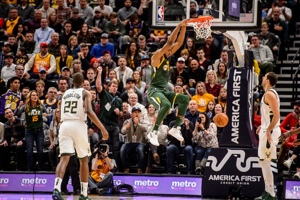 (Trent Nelson | The Salt Lake Tribune)  Utah Jazz forward Derrick Favors (15) dunks as the Utah Jazz host the Milwaukee Bucks, NBA basketball in Salt Lake City on Saturday March 2, 2019.