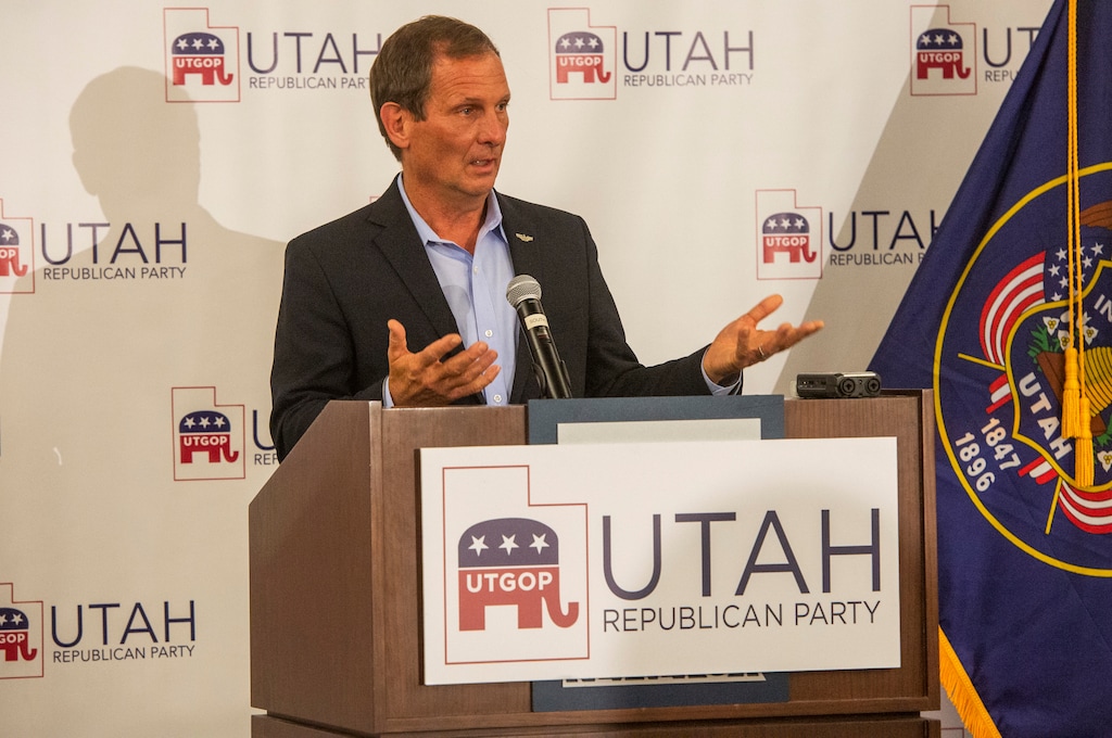 (Rick Egan | The Salt Lake Tribune)  U.S. Congressman Chris Stewart speaks at the Utah Association of Realtors office where GOP candidates gathered in Sandy, on Tuesday, Nov. 3, 2020.