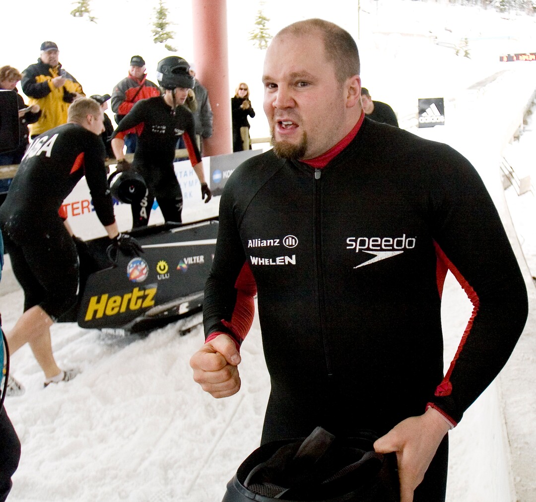 United States' Steven Holcomb celebrates his run after the World Cup four-man bobsled race Friday, Feb. 13, 2009, at the Utah Olympic Park in Park City, Utah.  Holcomb and his team finished in first place. (AP Photo/Douglas C. Pizac)