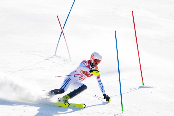 (Chris Detrick  |  The Salt Lake Tribune)  USA's Bryce Bennett competes in the Men's Alpine Combined at Jeongseon Alpine Centre during the Pyeongchang 2018 Winter Olympics Tuesday, February 13, 2018.  Bennett finished in 17th place with a time of 2:09.97.