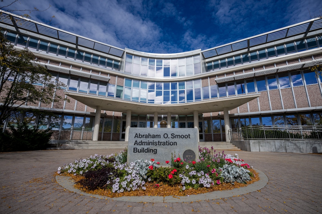 (Trent Nelson  |  The Salt Lake Tribune) The Abraham O. Smoot Administration Building at Brigham Young University in Provo on Friday, Oct. 17, 2025.