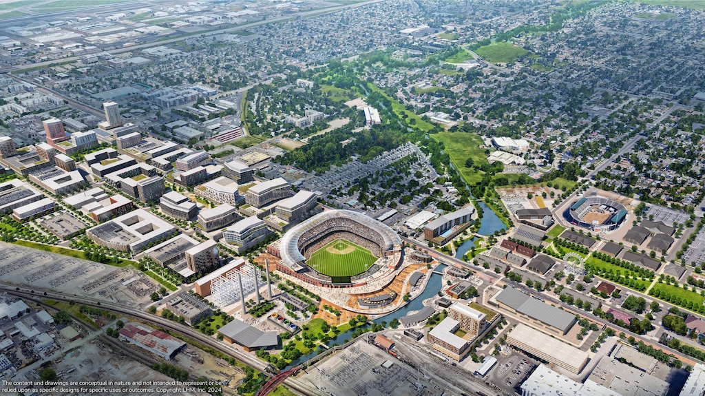 (LHM Company) A rendering of the Larry H. Miller Company's plans for the Power District development on Salt Lake City’s west side. The 100-acre site along North Temple is where the proposed Major League Baseball stadium would be built.