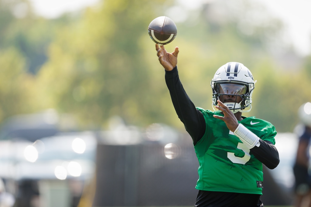 (Jaren Wilkey | BYU athletics) Quarterback Gerry Bohanon participates in BYU football practice in Provo, Wednesday, July 31, 2024.