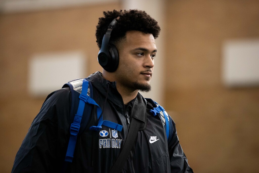 Tyler Allgeier worked out at BYU's Pro Day on March 25, 2022. He is projected as a mid-round draft pick in the NFL Draft.