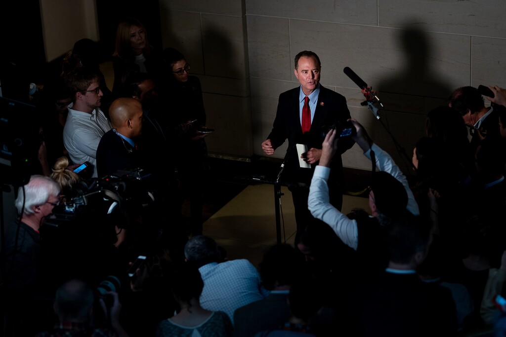 (Erin Schaff | The New York Times) House Intelligence Committee Chairman Adam Schiff speaks with reporters outside Sensitive Compartmented Information Facility in the Capitol in Washington, Oct. 8, 2019. House investigators issued subpoenas on Oct. 10 to compel two associates of Rudy Giuliani to sit for depositions in the impeachment inquiry, just hours after the men were indicted on campaign finance charges that touched on their work in Ukraine.