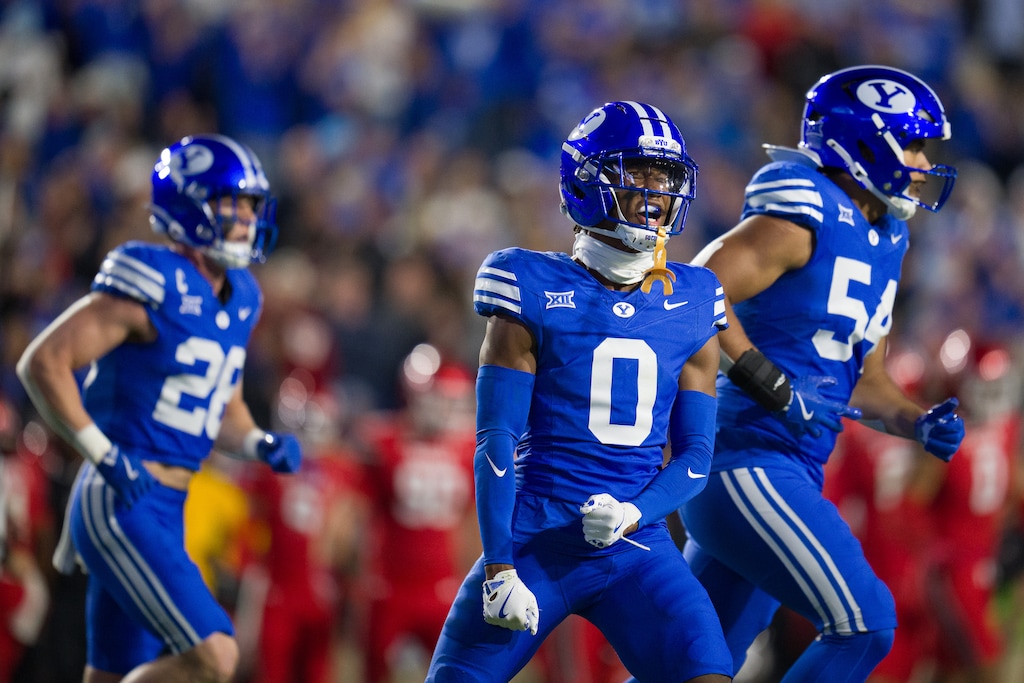 (Trent Nelson  |  The Salt Lake Tribune) BYU Cougars defensive back Evan Johnson (0) celebrates a turnover as BYU hosts Utah, NCAA football at LaVell Edwards Stadium in Provo on Saturday, Oct. 18, 2025.