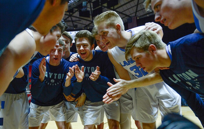 (Francisco Kjolseth  |  The Salt Lake Tribune)  Westlake vs Layton, 6A State high school basketball tournament at the Huntsman Center in Salt Lake City, Thursday March 1, 2018. Layton gets pumped up before the game. 