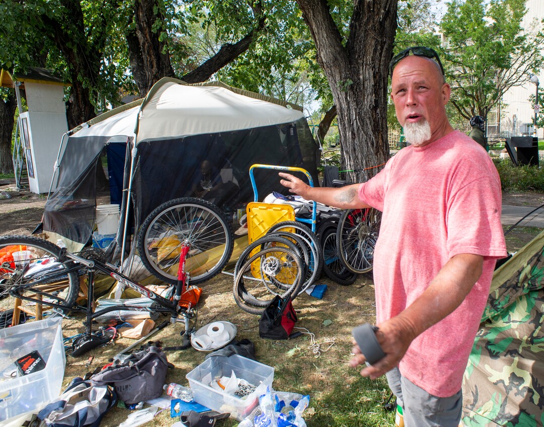 (Rick Egan  |  The Salt Lake Tribune) Richard Ryan discusses his options as he is notified on Wednesday, Sept. 10, 2020, that he will be forced to move his camp from Taufer Park in Salt Lake City first thing in the morning, fearing everything will be taken from him if he is not prepared when they arrive.
