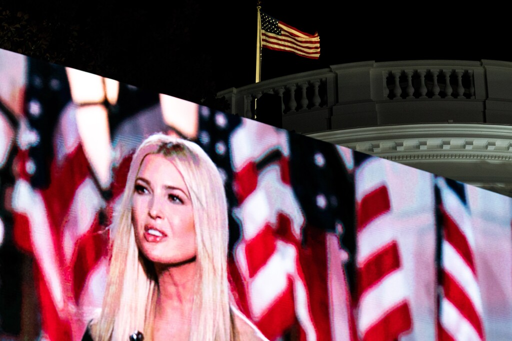 (Anna Moneymaker | The New York Times)
A screen shows Ivanka Trump addressing the Republican National Convention, outside the White House in Washington Aug. 27 2020. In a raft of new books about Donald Trump, there are a panoply of famous people trying to deny and exfoliate their past culpability, Maureen Dowd writes.
