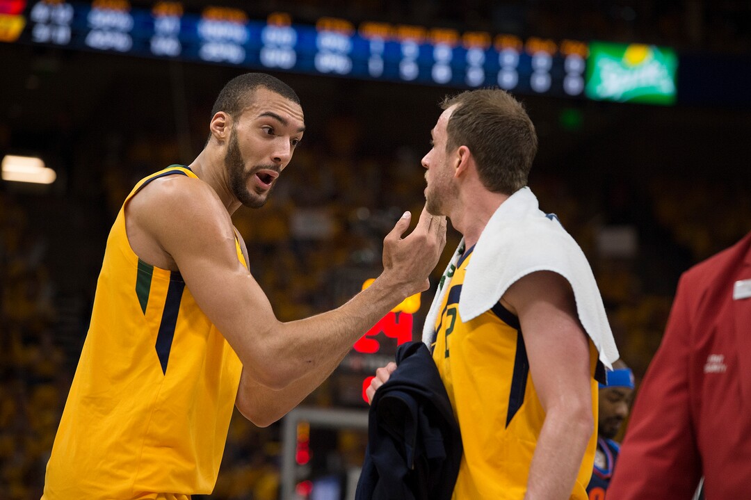 (Scott Sommerdorf | The Salt Lake Tribune)Utah Jazz center Rudy Gobert (27) talks with Utah Jazz forward Joe Ingles (2) after a first half time out. The Thunder led the Jazz 22-18 at the end of the 1st quarter during Game 6 of the first round playoff game, Friday, April 27, 2018.