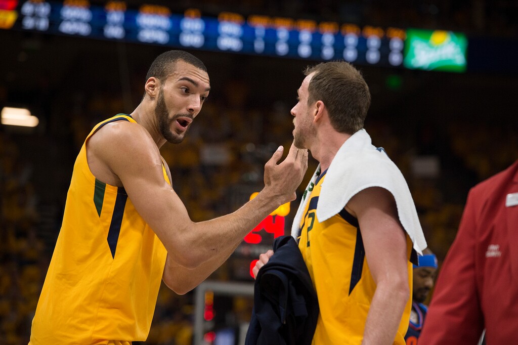 (Scott Sommerdorf | The Salt Lake Tribune)
Utah Jazz center Rudy Gobert (27) talks with Utah Jazz forward Joe Ingles (2) after a first half time out.
The Thunder led the Jazz 22-18 at the end of the 1st quarter during Game 6 of the first round playoff game, Friday, April 27, 2018.