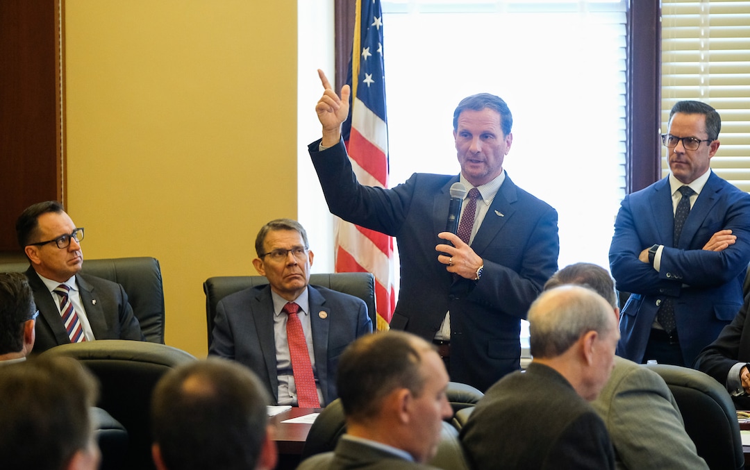 (Francisco Kjolseth  |  The Salt Lake Tribune)  Congressman Chris Stewart visits the majority caucus meeting where he compares President Trump to Rodney Dangerfield, but says he is a Ôhuge convertÕ to leader he once called Ôour Mussolini, Õ on day two of the 2018 legislative session on Tuesday, Jan. 23, 2018.