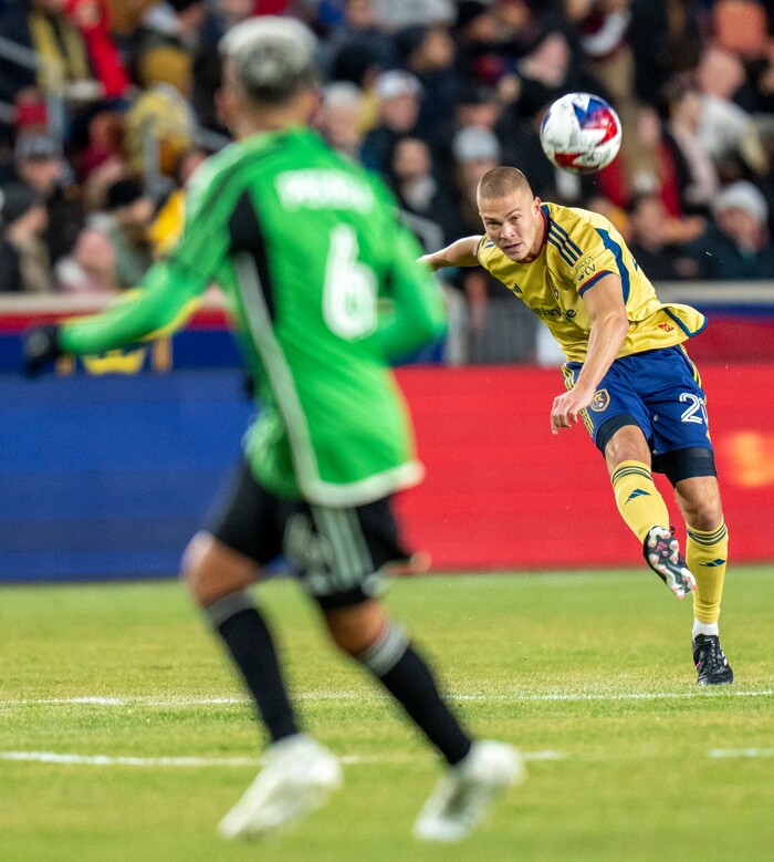 (Rick Egan | The Salt Lake Tribune) Real Salt Lake defender Erik Holt (20) kicks the ball as Austin FC midfielder Daniel Pereira (6) defends, in MLS action between Real Salt Lake and Austin FC, in Sandy, on Saturday, March 11, 2023.