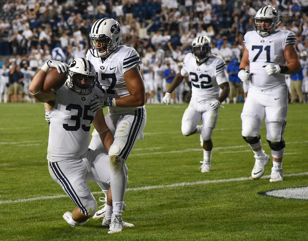 (Francisco Kjolseth  |  The Salt Lake Tribune)  Brigham Young Cougars running back Brayden El-Bakri (35) carries a touchdown against California during the second half of the NCAA college football game, Saturday, Sept. 8, 2018, at LaVell Edwards stadium in Provo, Utah.