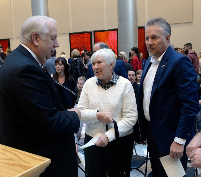(Al Hartmann  |  The Salt Lake Tribune) 	
Gordon Crabtree, CEO, University of Utah Hospitals and Clinics, left, thanks Gail and Greg Miller for a $5.3 million gift from Larry H. and Gail Miller Family Foundation to fight diabetes, called "Driving Out Diabetes:  A Larry H. Miller Wellness Initiative."