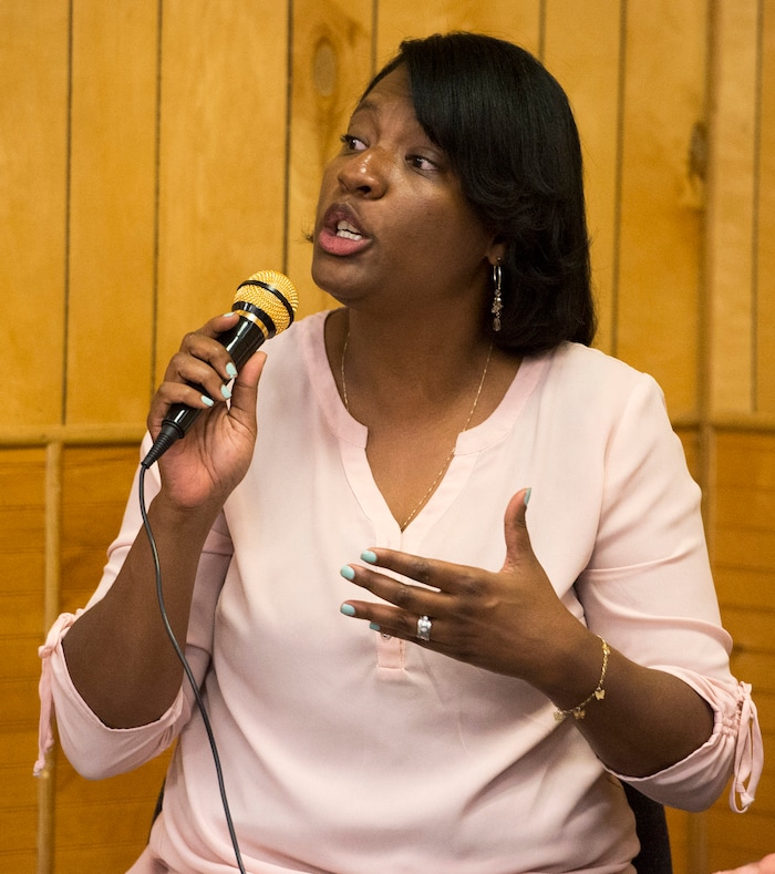(Rick Egan  |  The Salt Lake Tribune)  Rep Sandra Hollins says a few words about he homeless problem, at the Poplar Grove Community Alliance Meeting at the St. Patrick Parish Social Hall, Friday, August 25, 2017.


