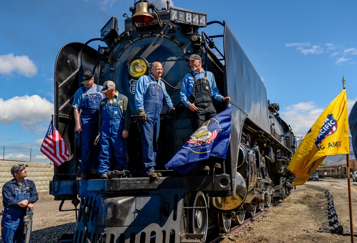 Leah Hogsten  |  The Salt Lake Tribune  l-r The crew of the Living Legend No. 844 Troy Trage, Garland Baker, Donald Crerar, Kurt Clark and Ed Schulte pose for pictures during ThursdayÕs ceremony. In celebration for the 150th anniversary of the transcontinental railroadÕs completion, Union Pacific's iconic steam locomotives, Living Legend No. 844 and Big Boy No. 4014 met at Ogden Union Station, May 9, 2019.