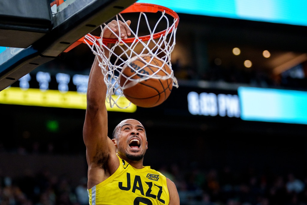 (Trent Nelson  |  The Salt Lake Tribune) Utah Jazz guard Talen Horton-Tucker (0) dunks the ball as the Utah Jazz host the San Antonio Spurs, NBA basketball in Salt Lake City on Tuesday, Feb. 28, 2023.