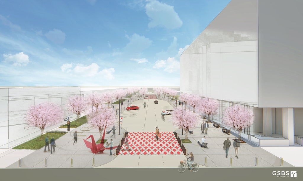 (GSBS Architects) Renderings of a vision for Japantown in Salt Lake City. The one-block cultural hub would be built along downtown Salt Lake City’s 100 South between 200 West and 300 West next to the Salt Palace, in honor of what was once a thriving neighborhood for Utah’s Japanese American residents.