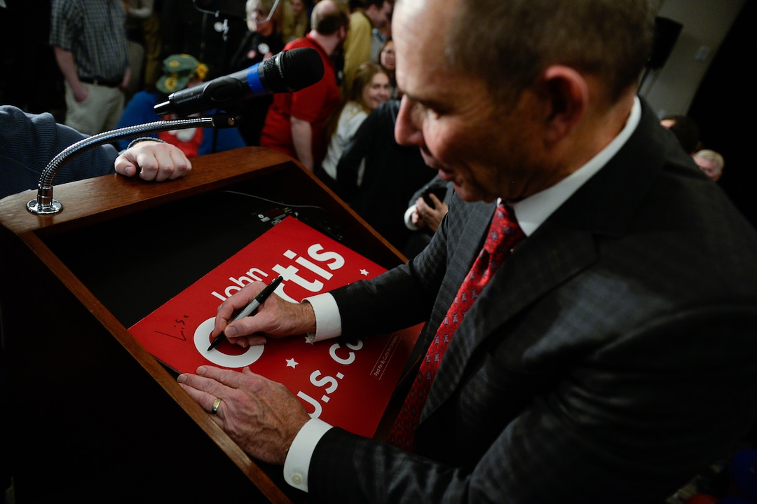 (Francisco Kjolseth  |  The Salt Lake Tribune)  John Curtis, Republican candidate for 3rd Congressional District celebrates his win at the Provo Marriott Hotel & Conference Center Tuesday, Nov. 7, 2017. He will fill the congressional seat recently vacated by Jason Chaffetz.