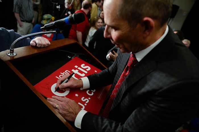 (Francisco Kjolseth  |  The Salt Lake Tribune)  John Curtis, Republican candidate for 3rd Congressional District celebrates his win at the Provo Marriott Hotel & Conference Center Tuesday, Nov. 7, 2017. He will fill the congressional seat recently vacated by Jason Chaffetz.