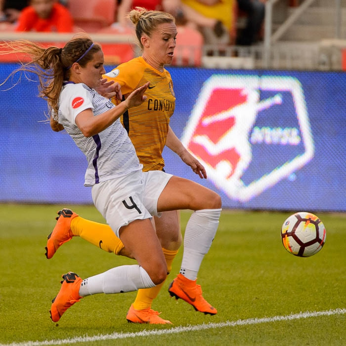 (Trent Nelson | The Salt Lake Tribune)  Utah Royals host Orlando Pride at Rio Tinto Stadium in Sandy, Wednesday May 9, 2018. Orlando Pride defender Shelina Zadorsky (4) and Utah Royals FC forward Amy Rodriguez (8).