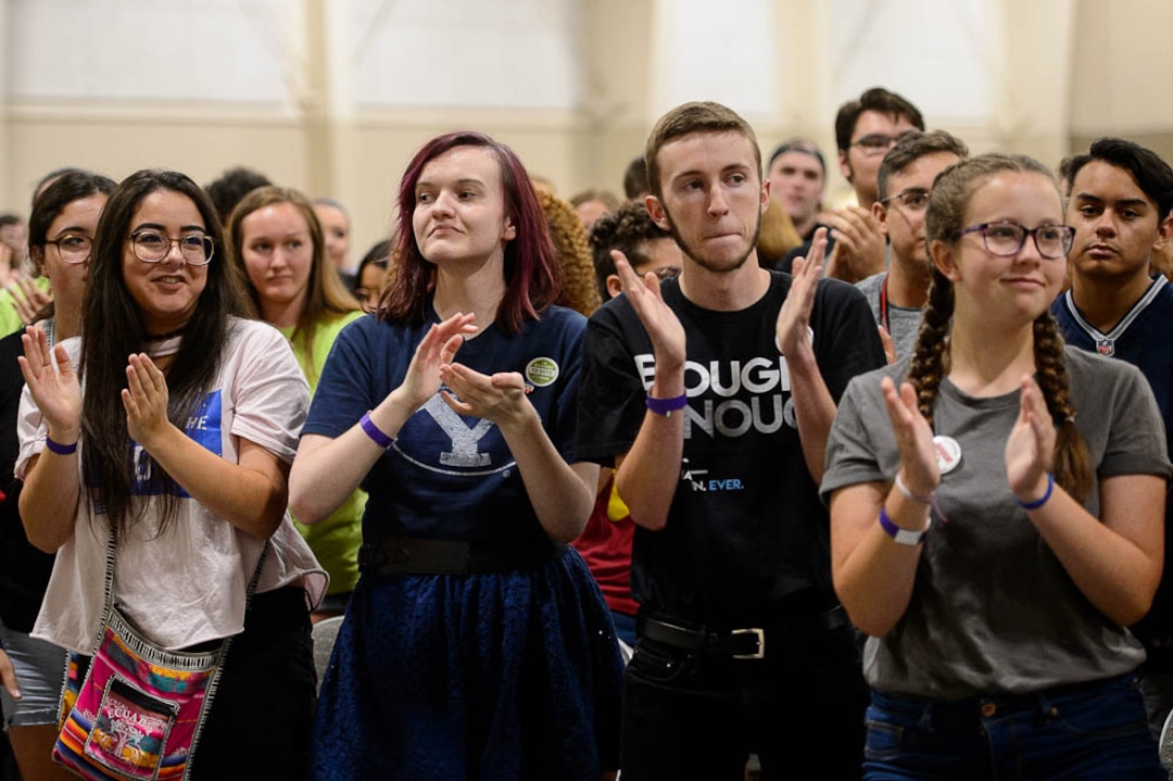 (Trent Nelson | The Salt Lake Tribune)  Student activists involved with the March for Our Lives movement are applauded at a town hall at the Mountain America Expo Center in Sandy, Saturday July 14, 2018.