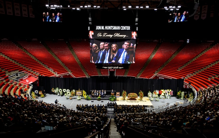 (Steve Griffin  |  The Salt Lake Tribune)  Jon Huntsman Jr. speaks about his father's legacy during funeral services for Jon Huntsman Sr. at the Huntsman Center on the University of Utah campus in Salt Lake City Saturday February 10, 2018.