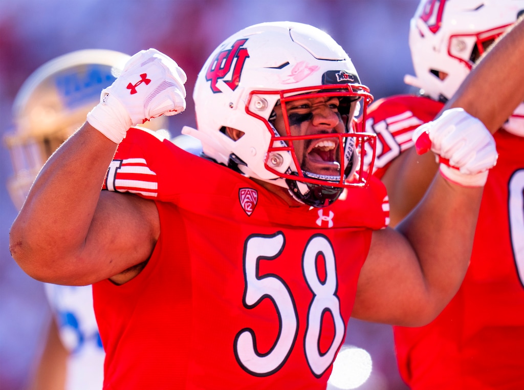 (Rick Egan | The Salt Lake Tribune)  Utah Utes defensive tackle Junior Tafuna (58) celebrates after a quarterback sack against the UCLA Bruins at Rice-Eccles Stadium on Sept. 23.