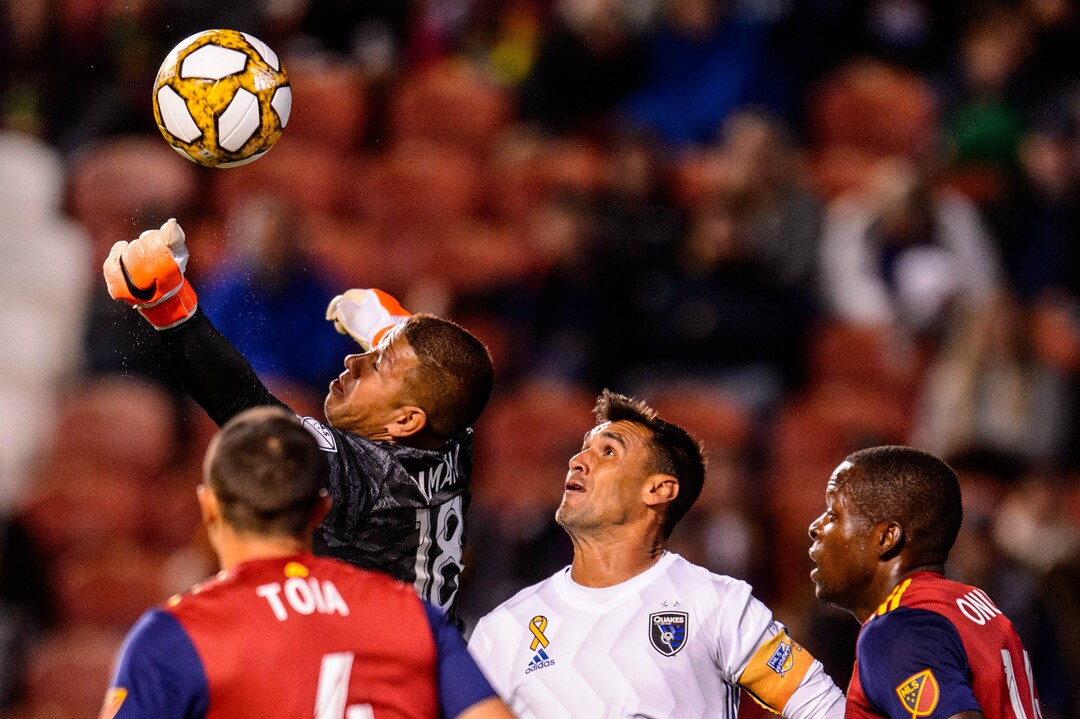 (Trent Nelson  |  The Salt Lake Tribune)  Real Salt Lake goalkeeper Nick Rimando (18) knocks the ball away from the goal as Real Salt Lake hosts the San Jose Earthquakes, MLS soccer at Rio Tinto Stadium in Sandy on Wednesday Sept. 11, 2019.