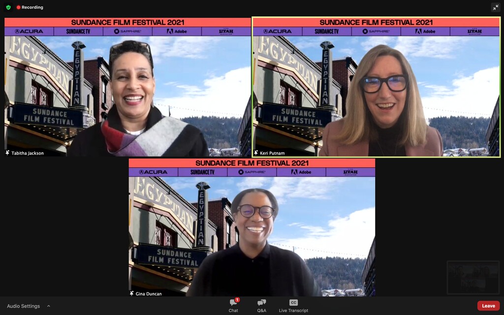 (Screengrab image) Sundance Film Festival director Tabitha Jackson, top left, and Sundance Institute executive director Keri Putnam, top right, talk to reporters in a Zoom news conference Thursday, Jan. 28, 2021, to kick off the 2021 Sundance Film Festival. Gina Duncan, bottom, producing director at the institute, served as moderator.