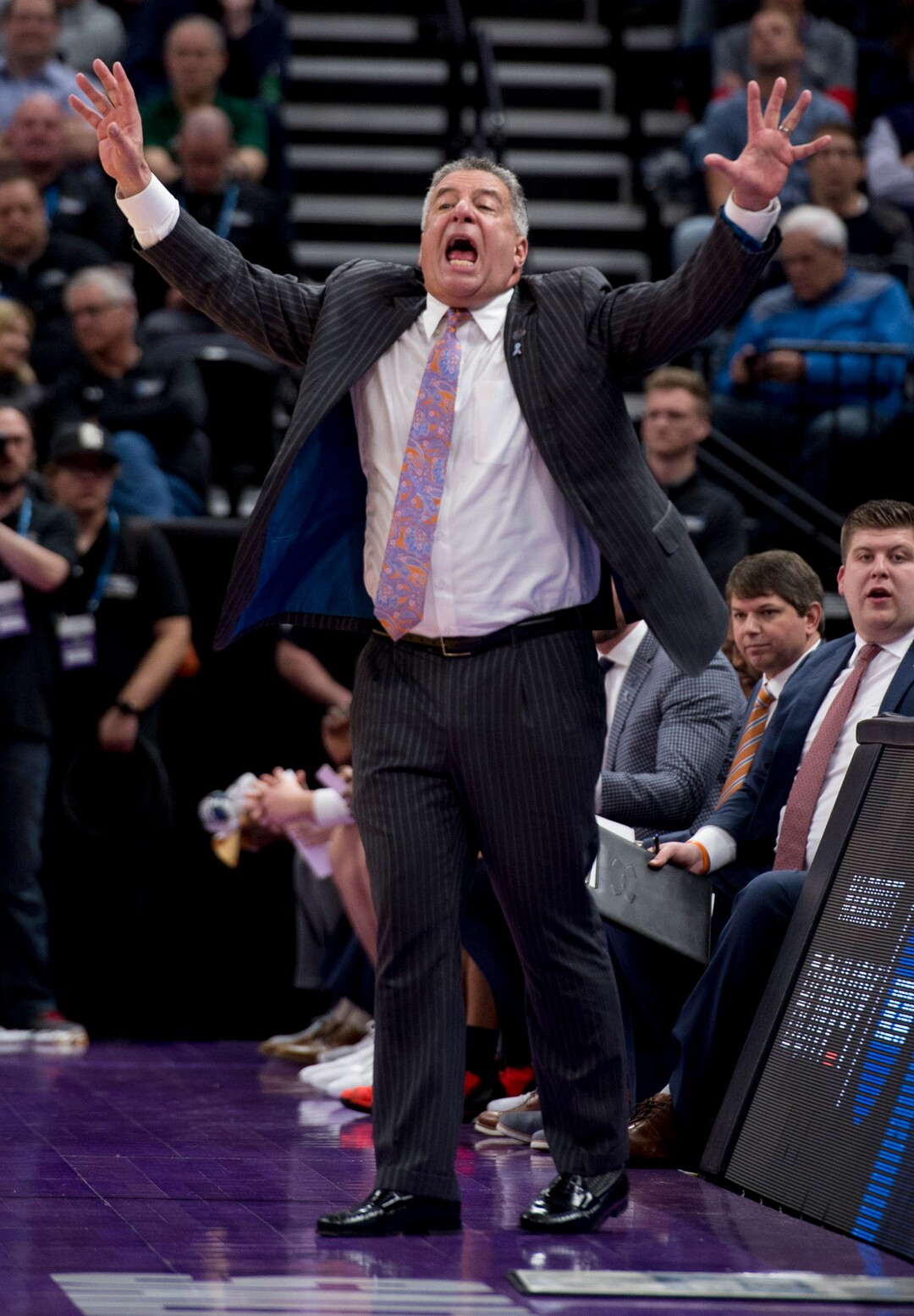 (Leah Hogsten  | The Salt Lake Tribune)  Auburn Tigers head coach Bruce Pearl reacts as Auburn faces Kansas in the second round of the NCAA tournament in Salt Lake City on Saturday, March 23, 2019.