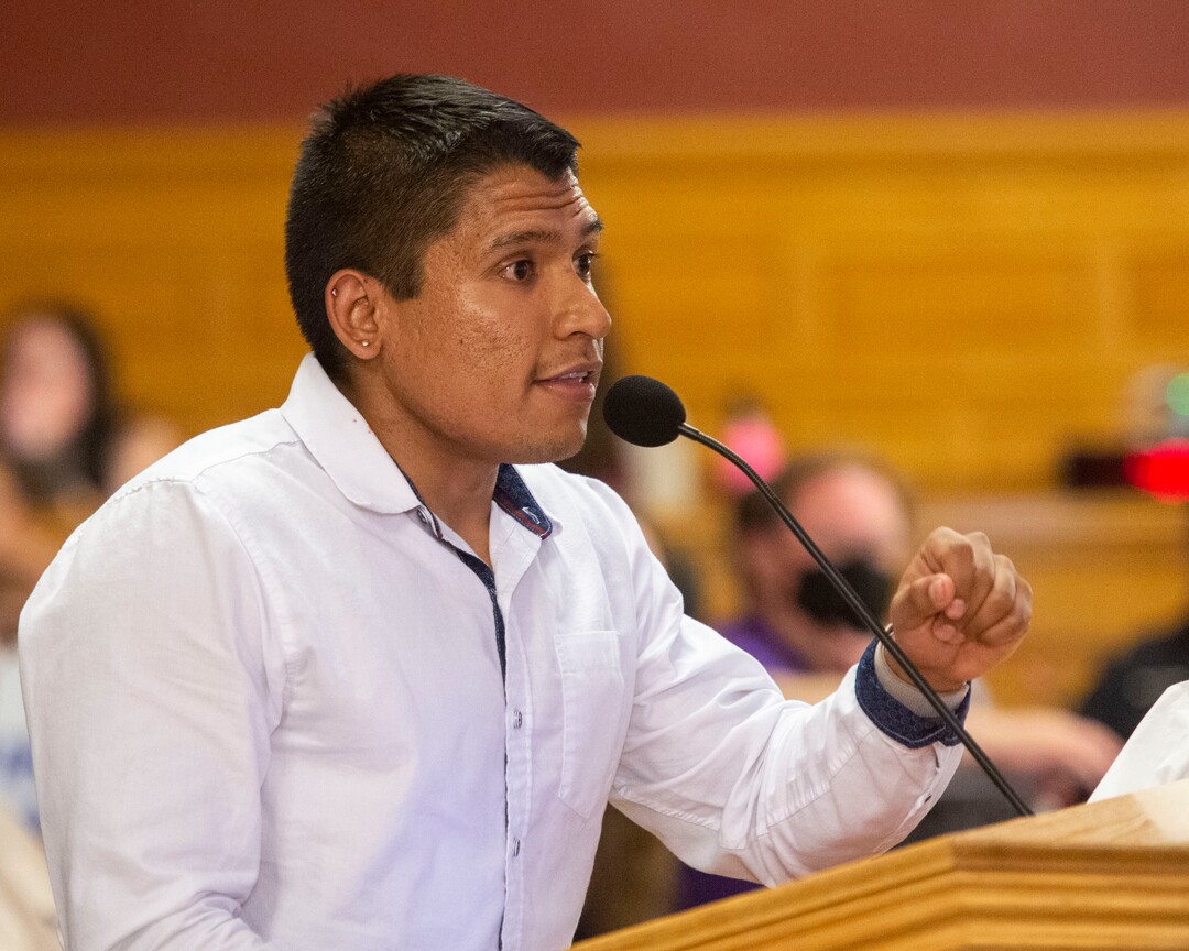 (Rick Egan  |  The Salt Lake Tribune)        Cristobal Villega speaks about the housing problem in Salt Lake at the City council meeting, Tuesday, April 23, 2019.