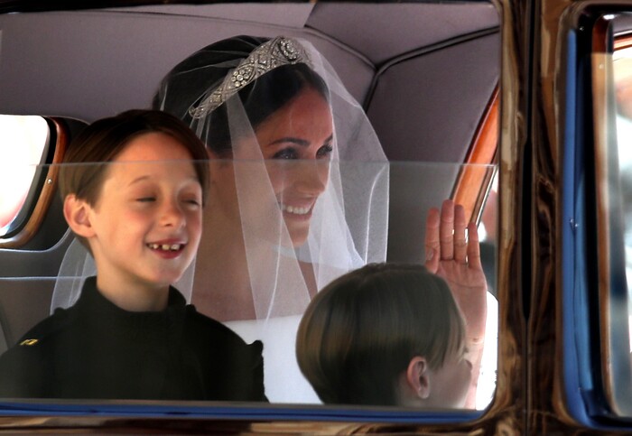 Meghan Markle arrives for the wedding ceremony at St. George's Chapel in Windsor Castle in Windsor, near London, England, Saturday, May 19, 2018. (Chris Radburn/pool photo via AP)