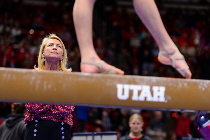 Trent Nelson  |  The Salt Lake TribuneUtah coach Megan Marsden looks on as a gymnast warms up, as the University of Utah hosts Arizona, NCAA gymnastics at the Huntsman Center in Salt Lake City, Monday February 1, 2016.